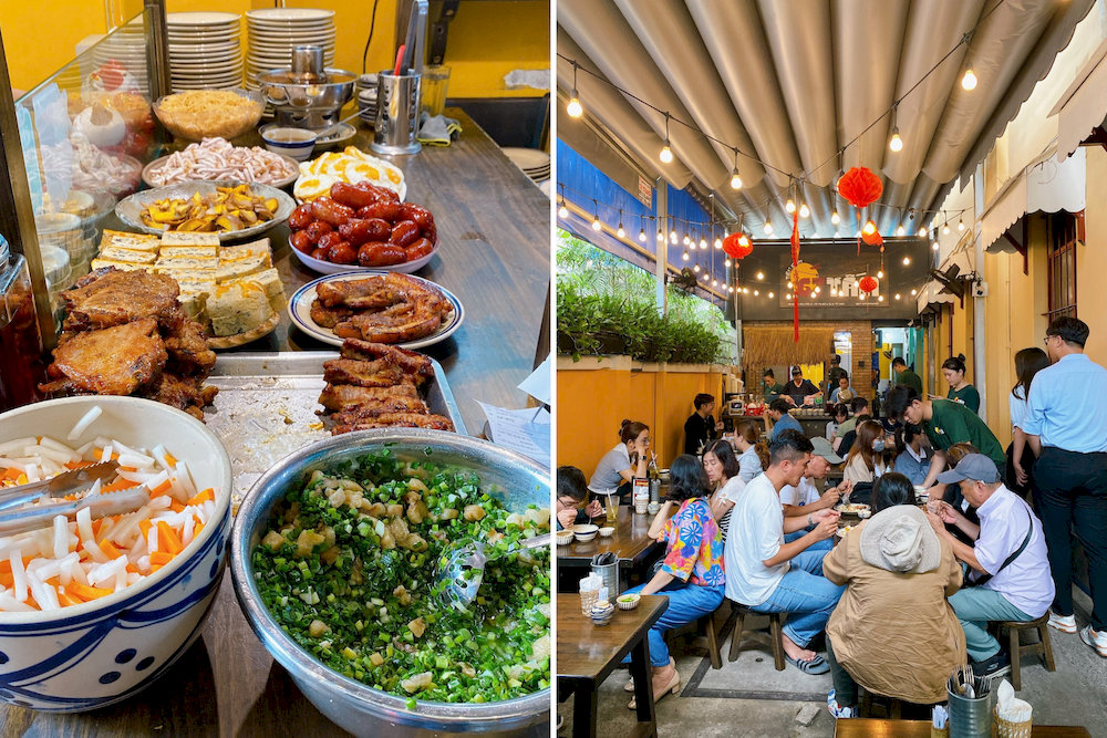 The breezy outdoor space features a vintage-style decor with low tables and chairs, offering a relaxed and cozy vibe